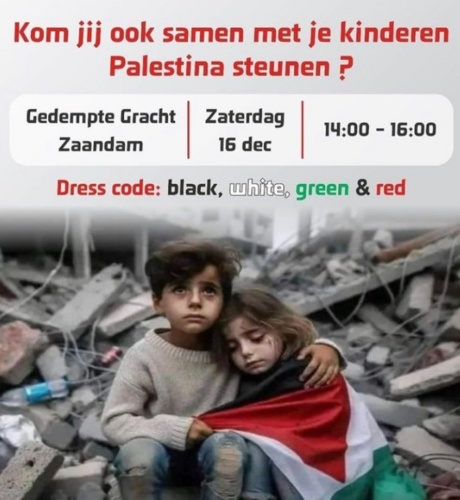 Demonstratie voor Palestina op de Gedempte Gracht in Zaandam 16 December 14:00-16:00

Foto van jongentje en meisje op ingestort gebouw, het meise zit onder een Palestijnse vlag.