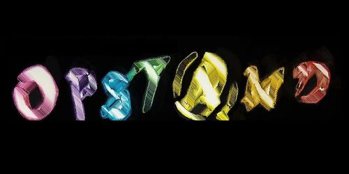 Het woord OPSTAND met de letters in verschillende kleuren.