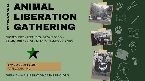 INTERNATIONAL ANIMAL LIBERATION GATHERING

WORKSHOPS - LECTURES - VEGAN FOOD - COMMUNITY - REST - MOVIES - BANDS - STANDS

07/10 AUGUST 2025

APPELSCHA - NL

WWW.ANIMALLIBERATIONGATHERING.ORG
