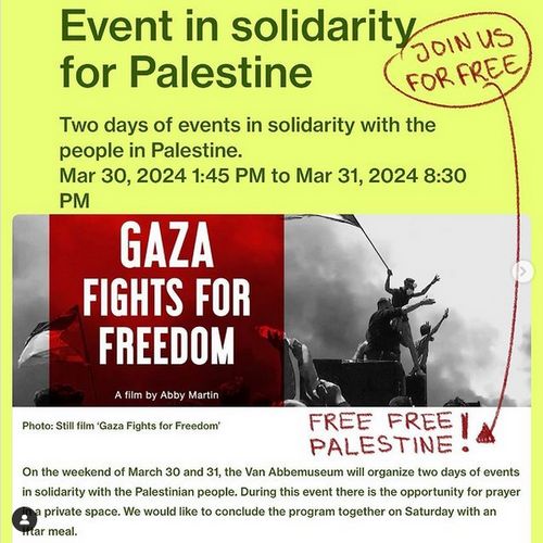 Event in solidarity for Palestine
Two days of events in solidarity with the people in Palestine
Mar 30, 2024 1:45PM to Mar 31, 2024 8:30PM

Below a still from the docu "Gaza Fights for Freedom" by Abby Martin. (which is shown Saturday)